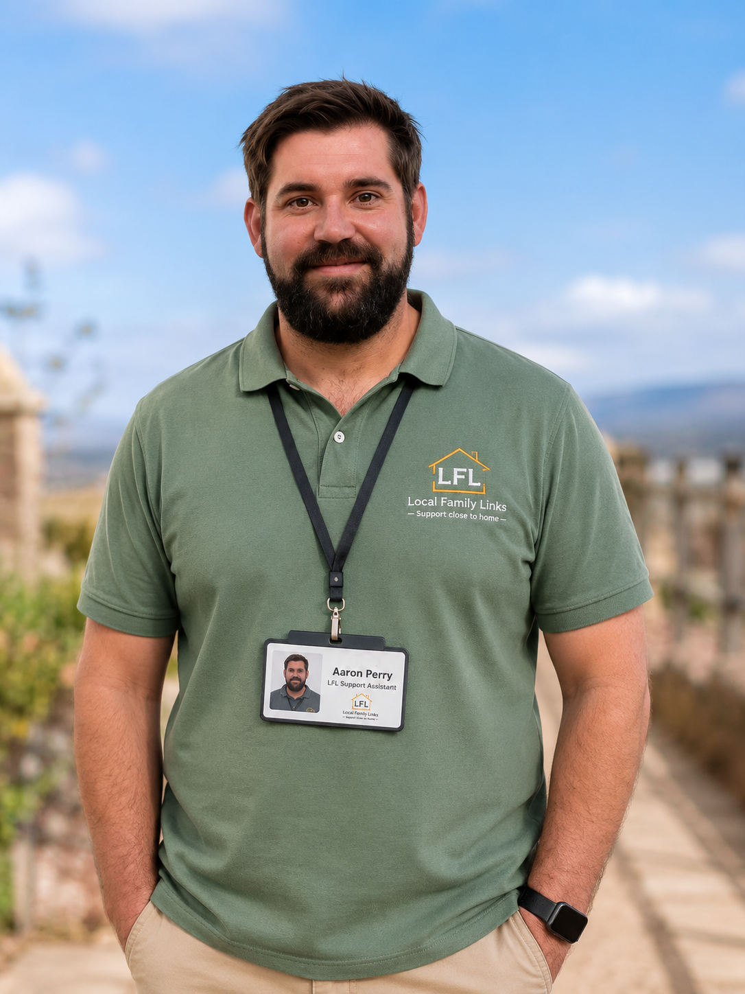 Aaron wearing a Local Family Links polo shirt and identification lanyard