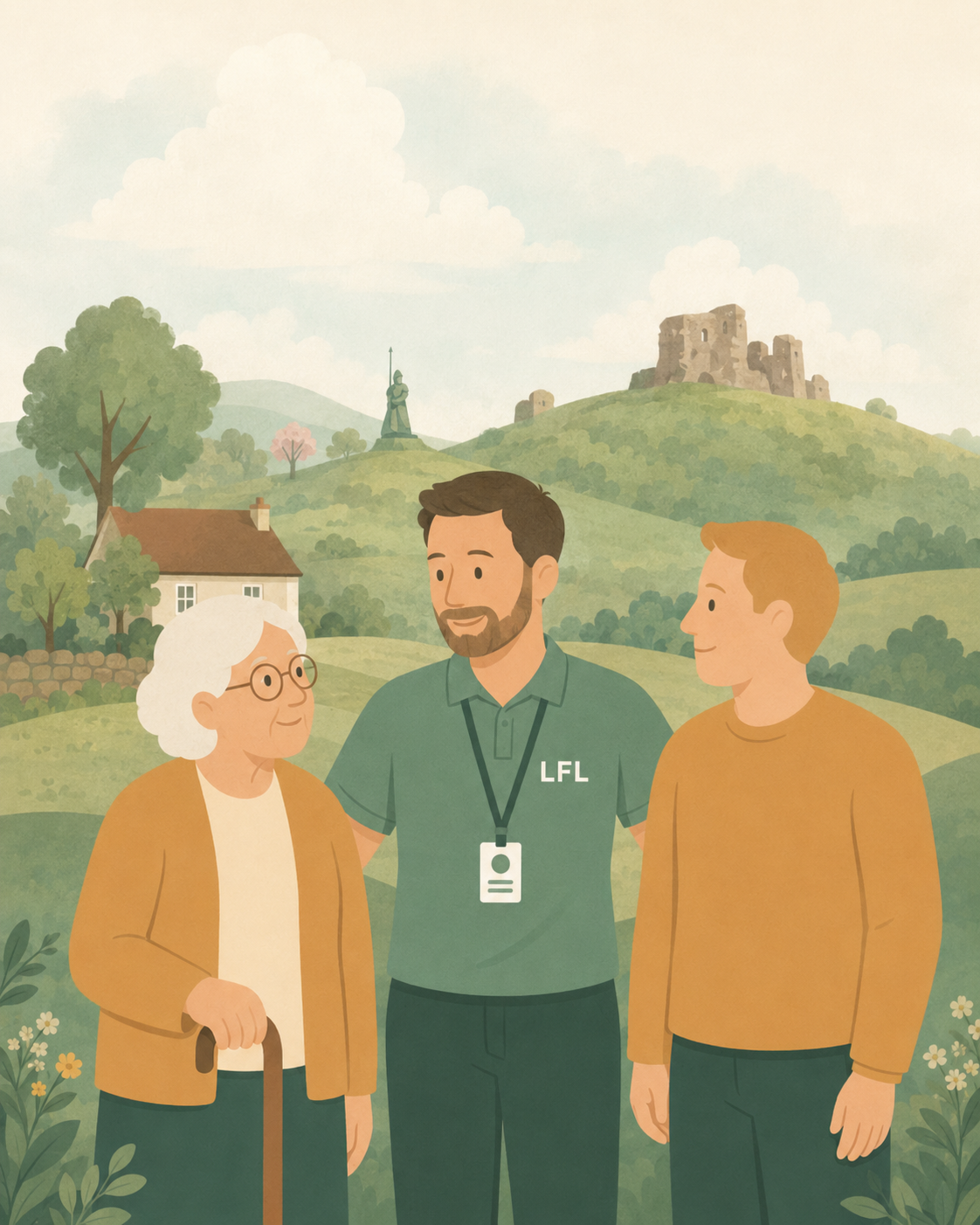 Local Family Links illustration showing a loved one, an LFL support worker, and a trusted contact outside a home in the countryside