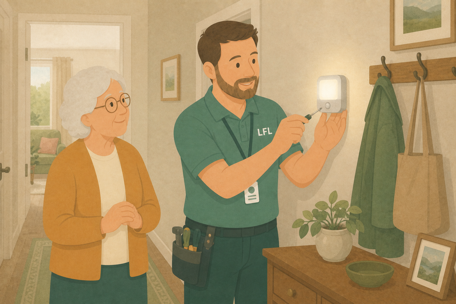 Aaron setting up a motion light to provide practical support in a safer home