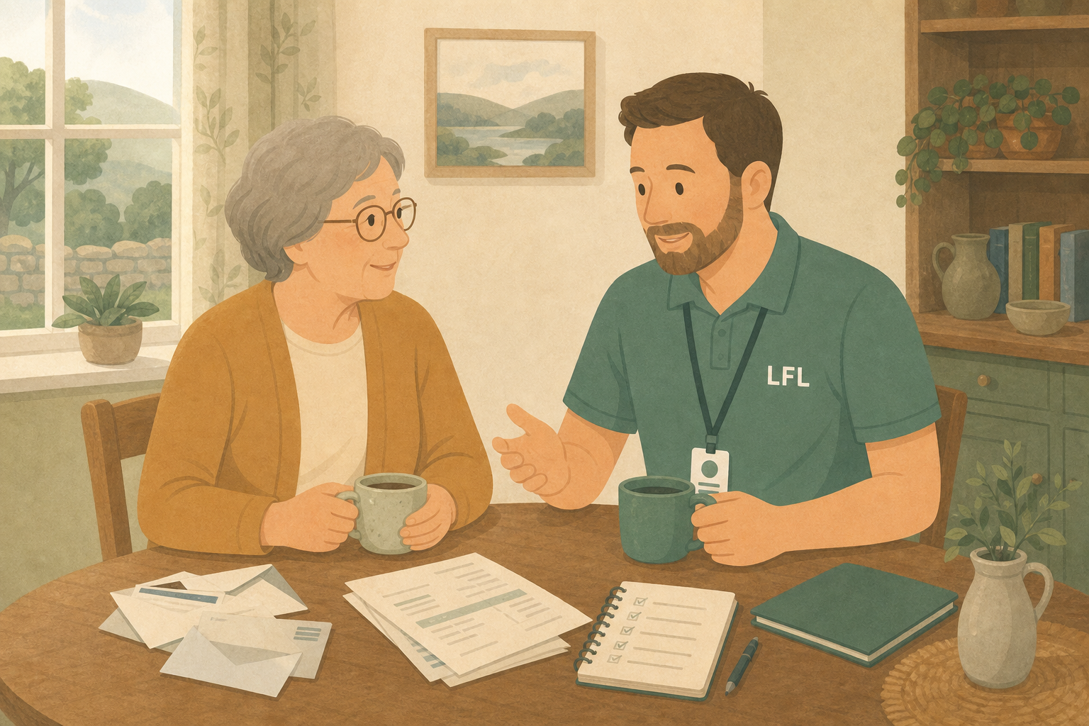 Aaron sharing tea and conversation with a loved one while helping with post and paperwork